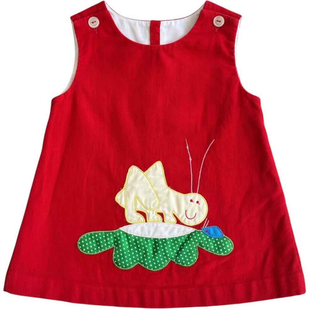 Vintage 70s Red Corduroy Grasshopper Applique Jumper Dress Kids 3T Sleeveless